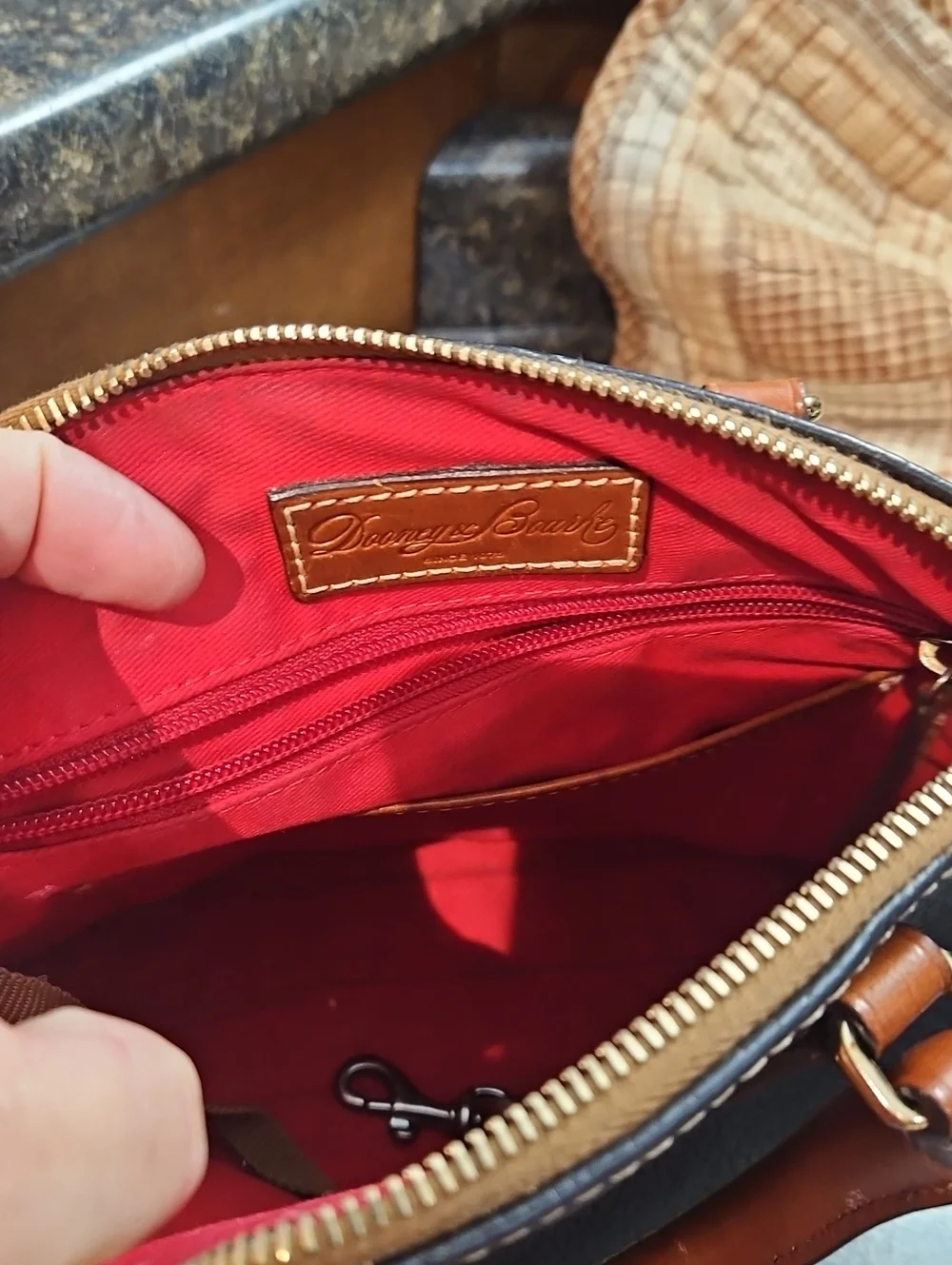 Dooney & Bourke Black Pebbled Leather Satchel with Brown Trim